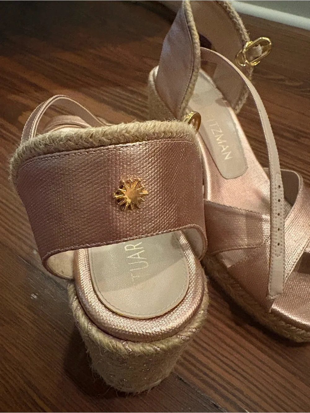 Stuart Weitzman Metallic Rose Gold Espadrille Wedge Sandals